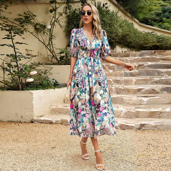 Aveline - Elegant Printed V-neck Dress for Timeless Sophistication