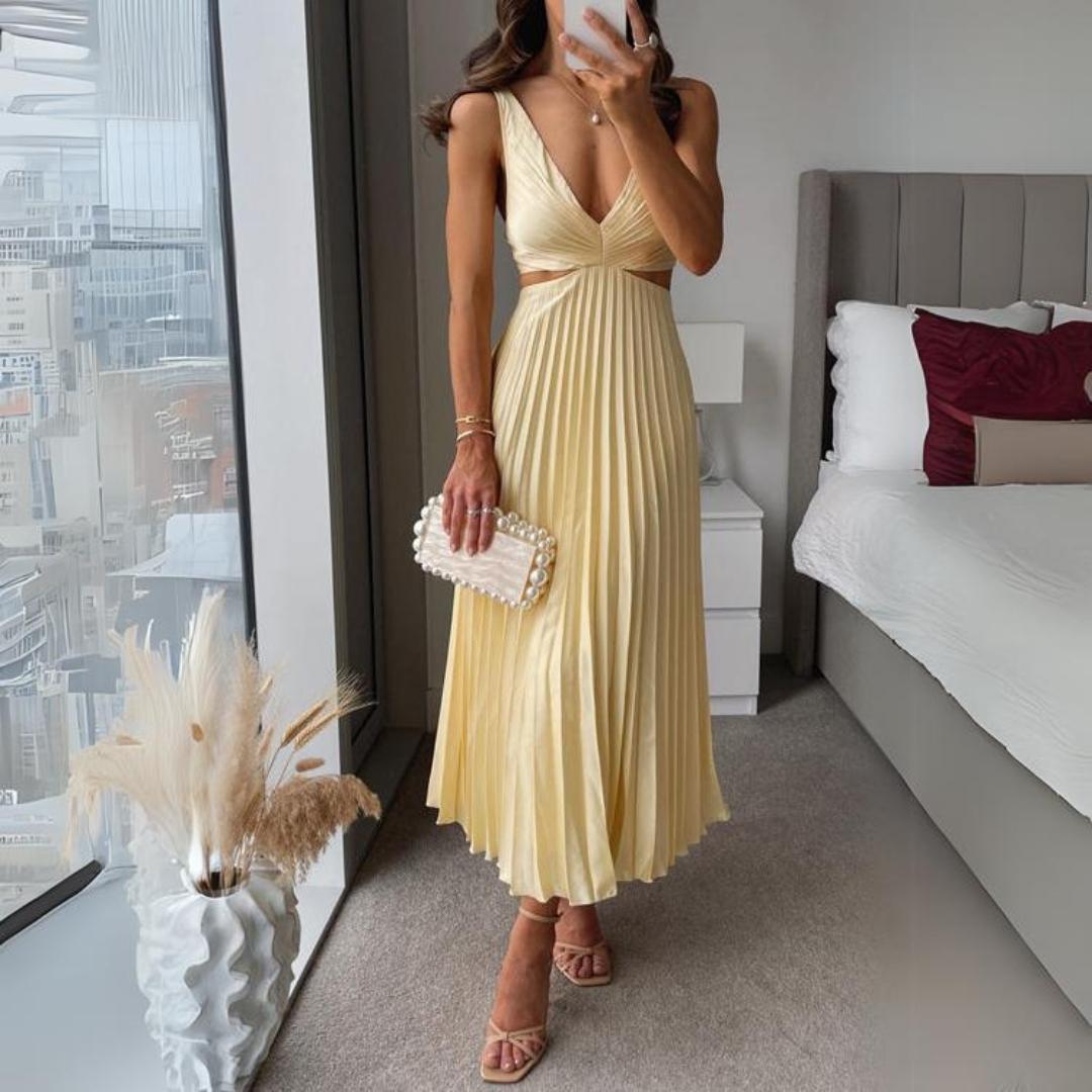 Imogene - Stylish Women's Midi Dress with Sleeveless V-neck and Pleated Skirt