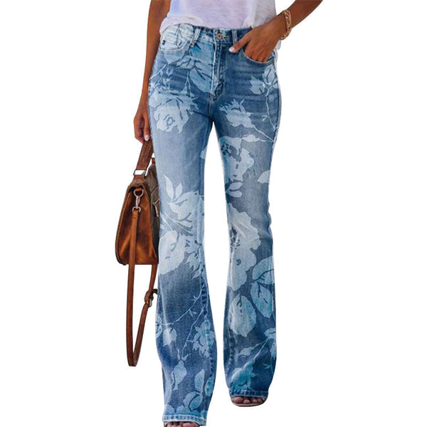 Dania - Trendy Flared Jeans with Four Button Front and Floral Design