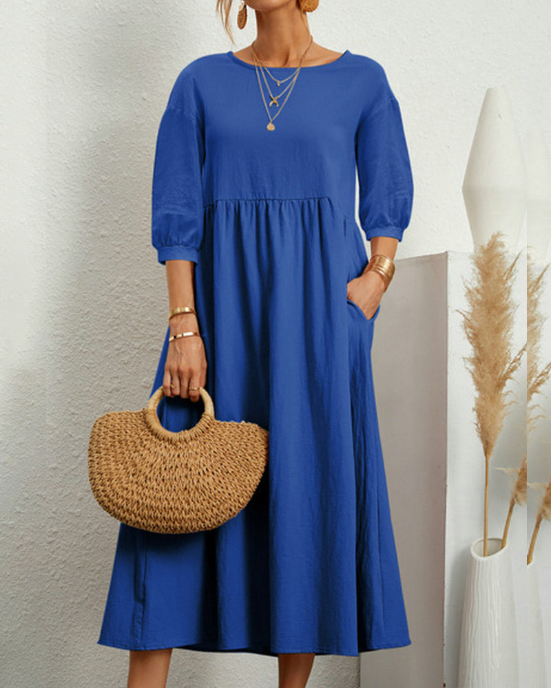 Zafira - Premium Women's Midi Dress with Lantern Sleeves and Round Neck