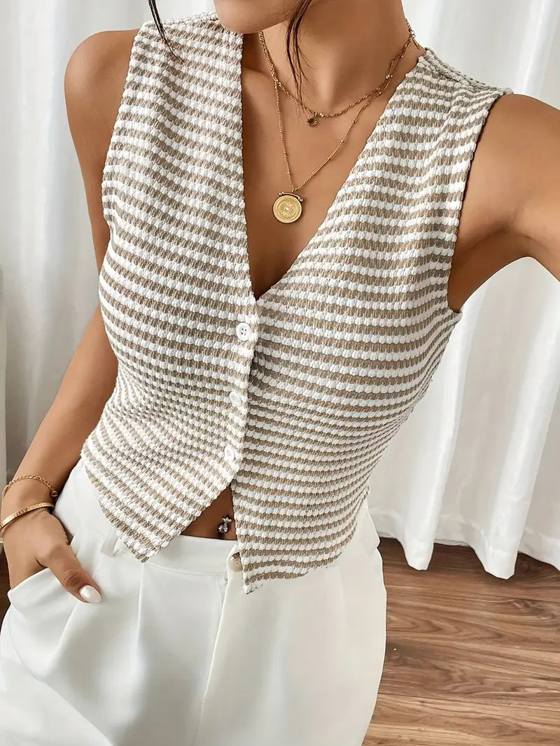 Diane - Stylish Striped Knitted Vest with V-neck and Button Placket