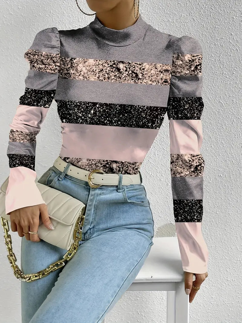 Uma - Elegant Floral Satin Top with Puff Sleeves and High Neckline
