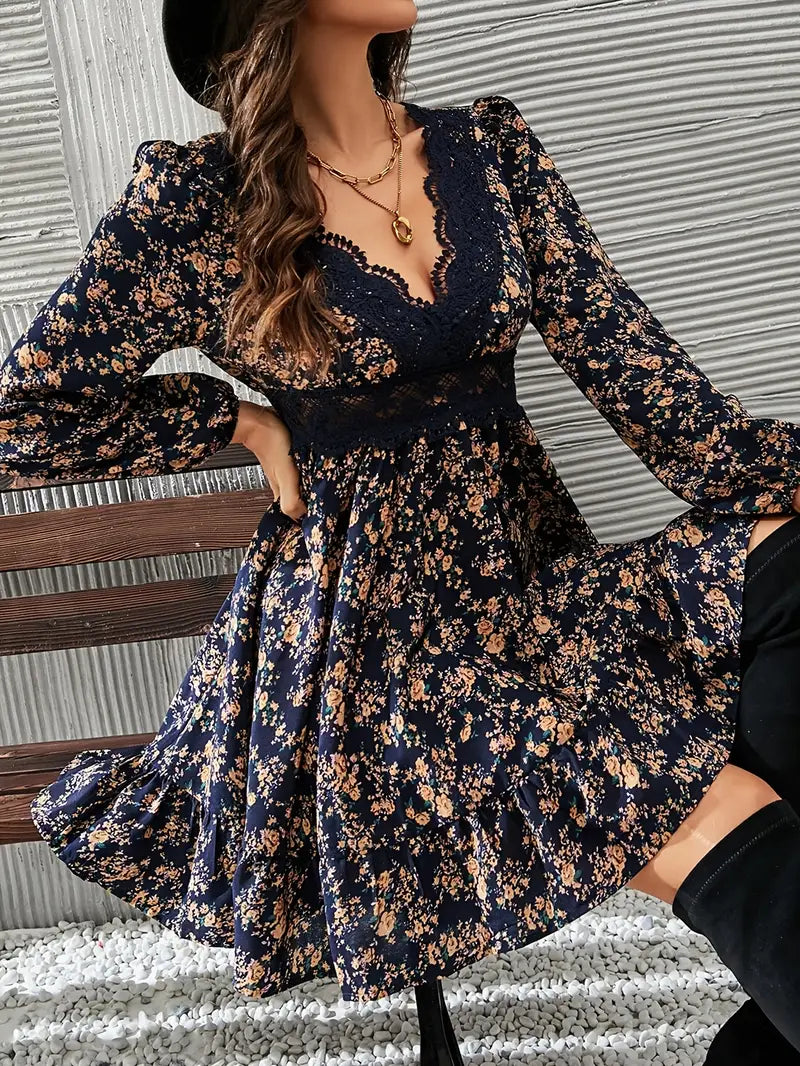Cara - Boho Floral Dress with Deep V-neck and Lace Details