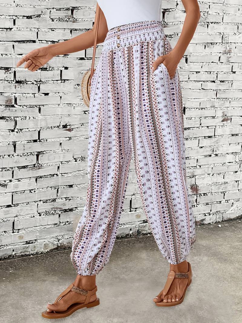 Carra - Stylish Women's Trousers with Gathered Waist and Tribal Print