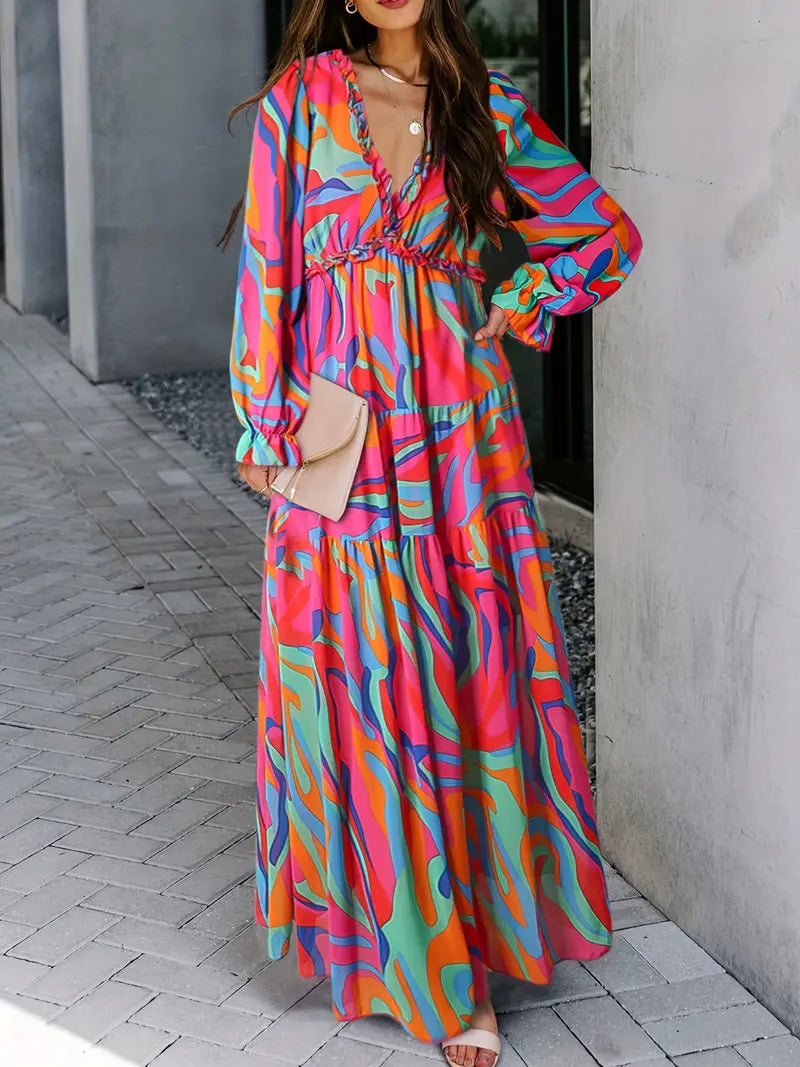 Alison - Elegant Floral Maxi Dress with V-neck and Long Sleeves
