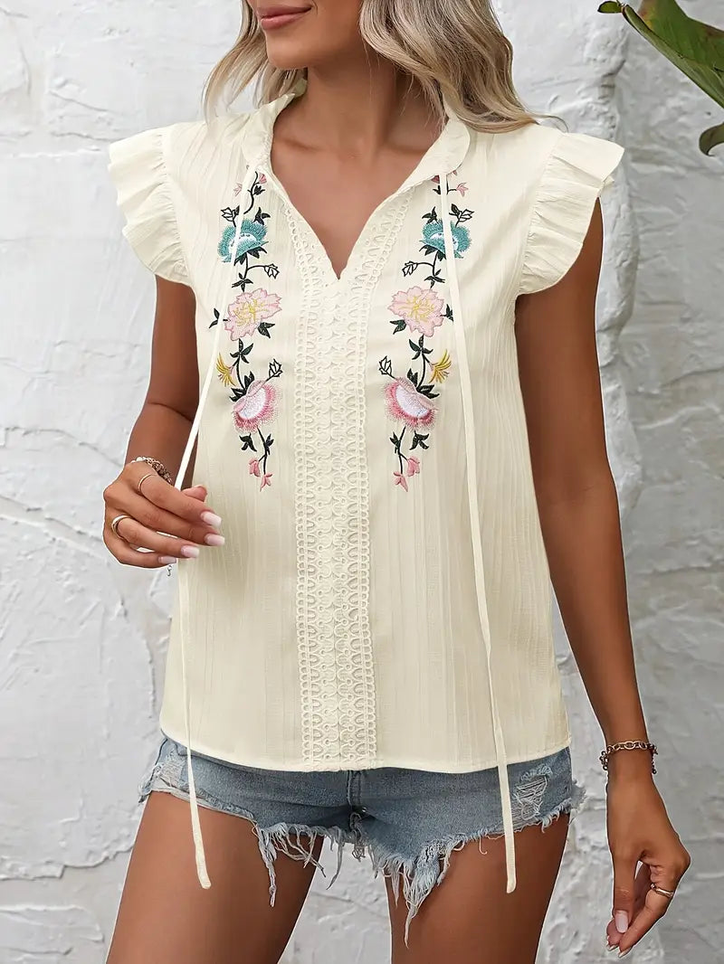 Delilah - Vintage Blouse with Embroidered Ruffle Sleeves and Floral Detail