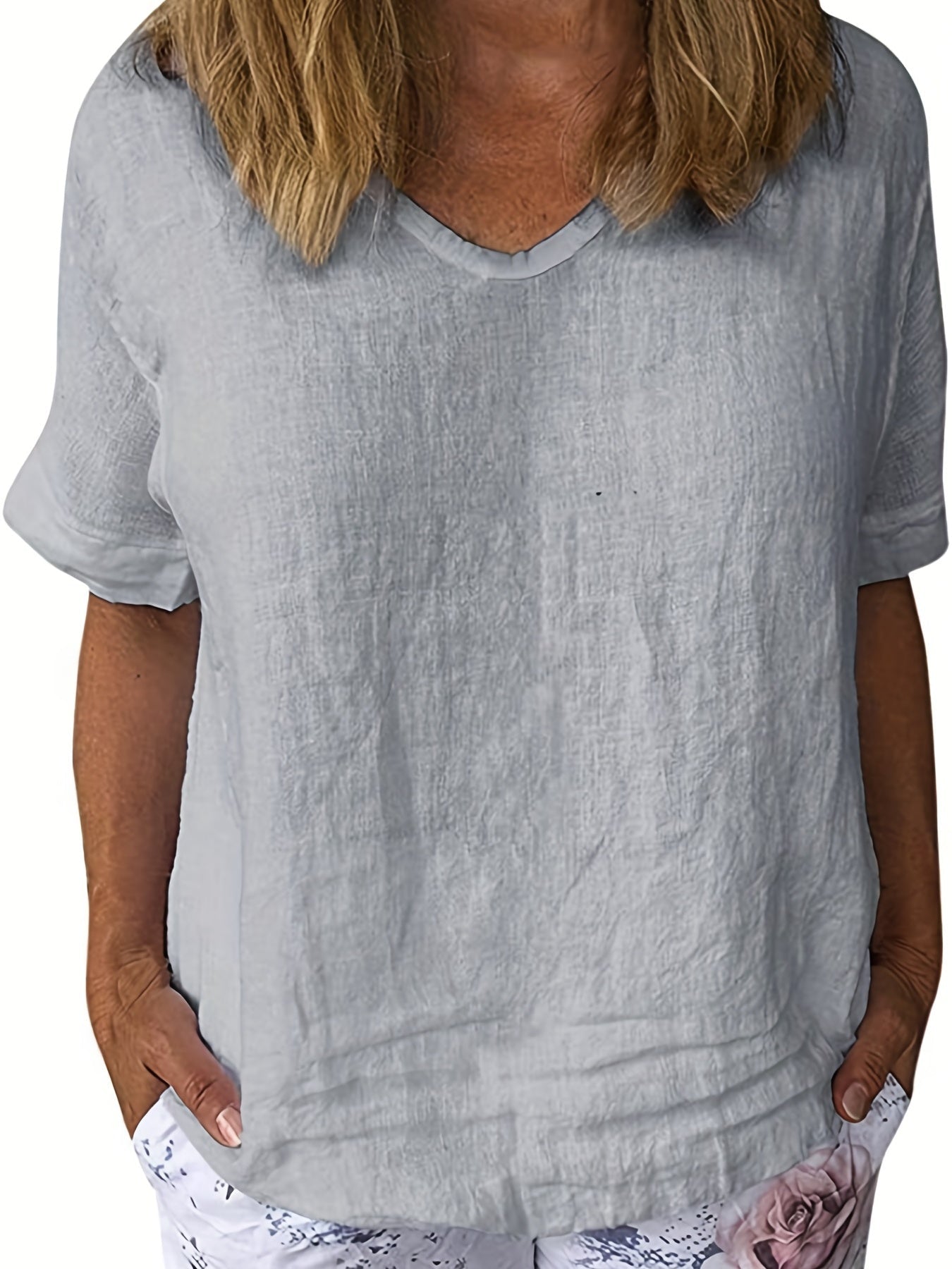 Rahima - Elegant Women's White V-Neck Linen Blouse with Semi-Sheer Quality