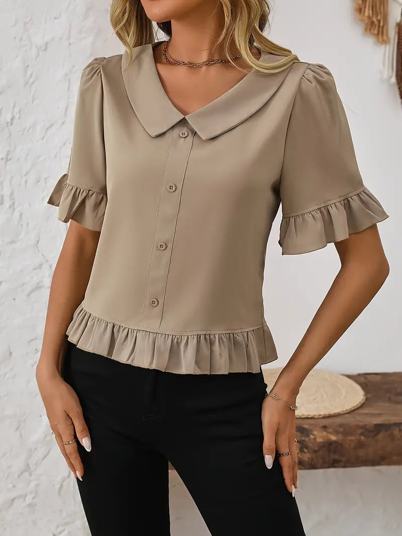 Diana - Elegant Blouse with Ruffle Trim and Button Front