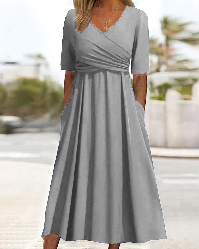 Monica - Elegant Crossover Midi Dress with A-line Silhouette and V-neck