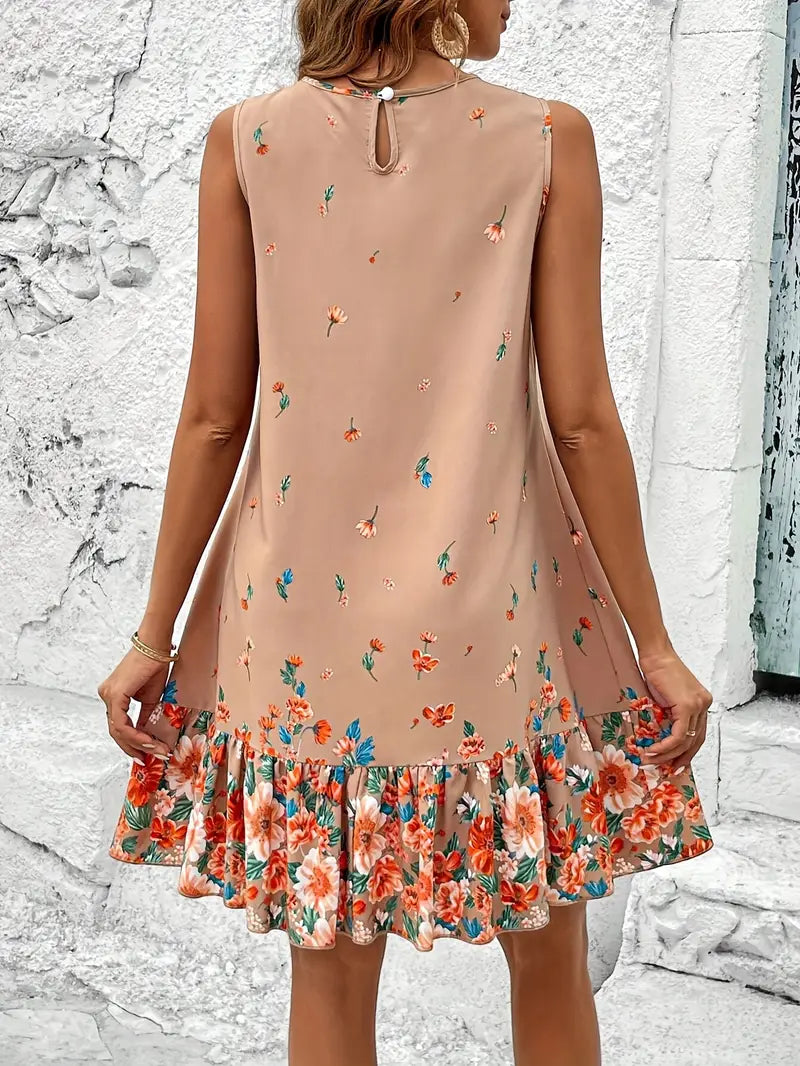 Yvette - Stylish Sleeveless Dress with Floral Ruffle Hem