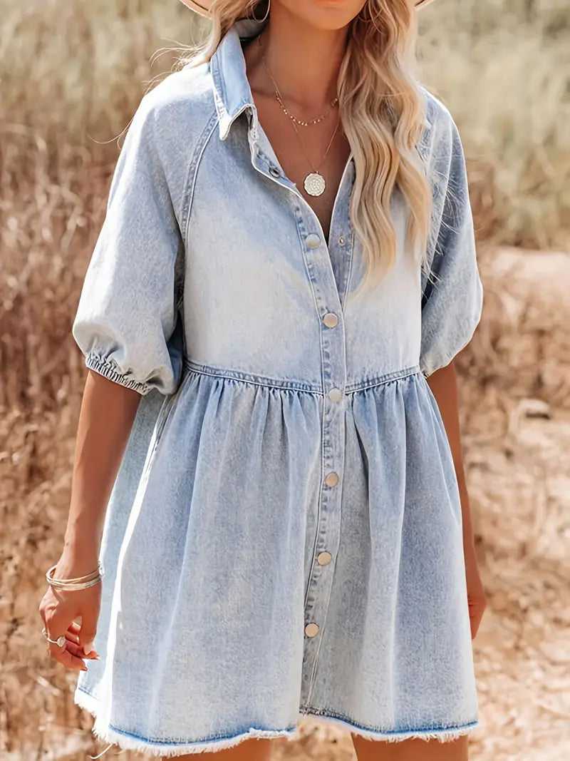 Darina - Stylish Cotton Denim Mini Dress with Puff Sleeves