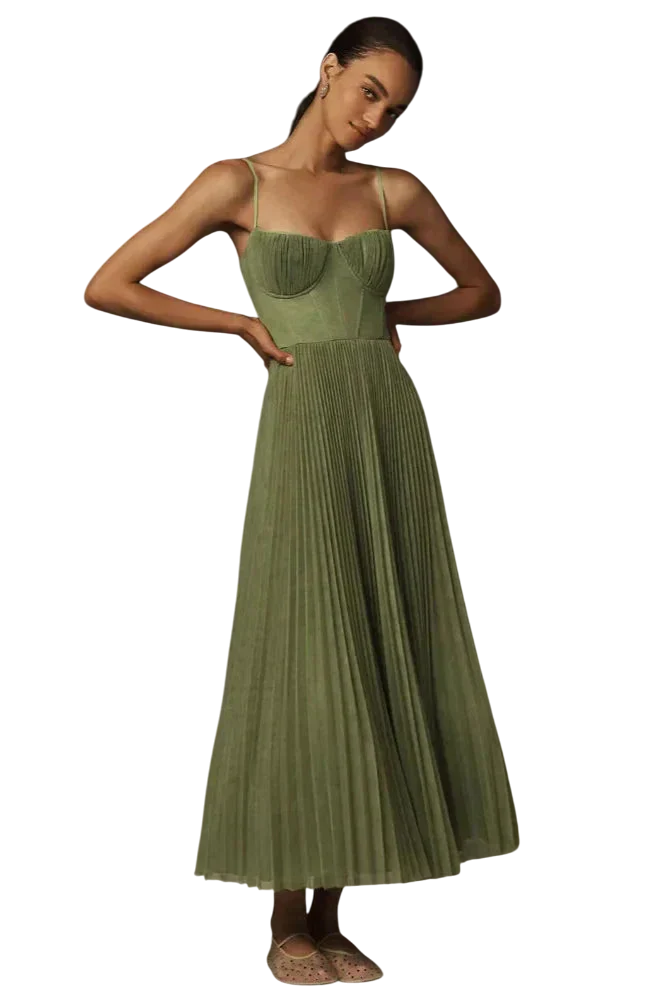 Kirsten - Elegant Pleated Fit and Flare Midi Dress in Soft Green
