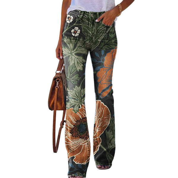 Dania - Trendy Flared Jeans with Four Button Front and Floral Design