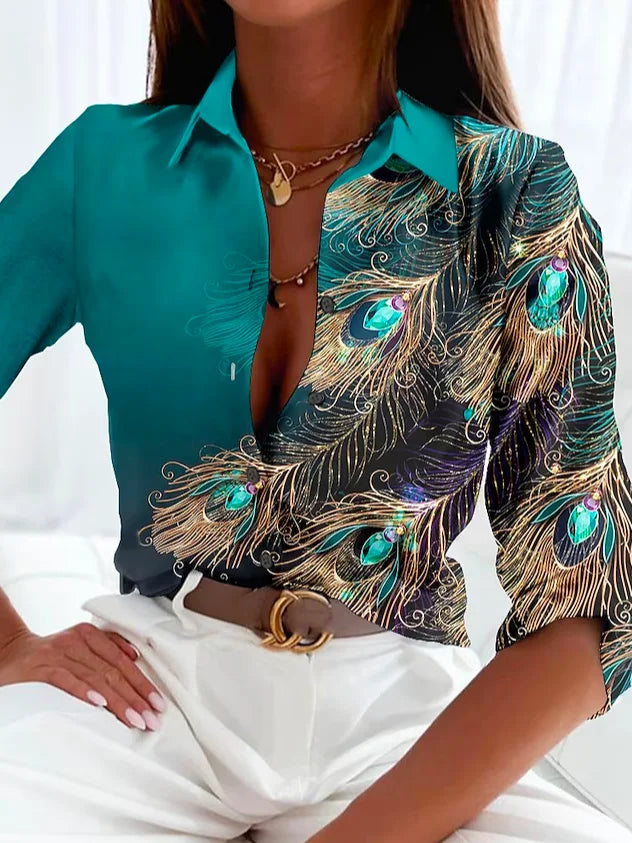 Brigitta- Elegant Women's Feather Print Blouse in Vibrant Colors