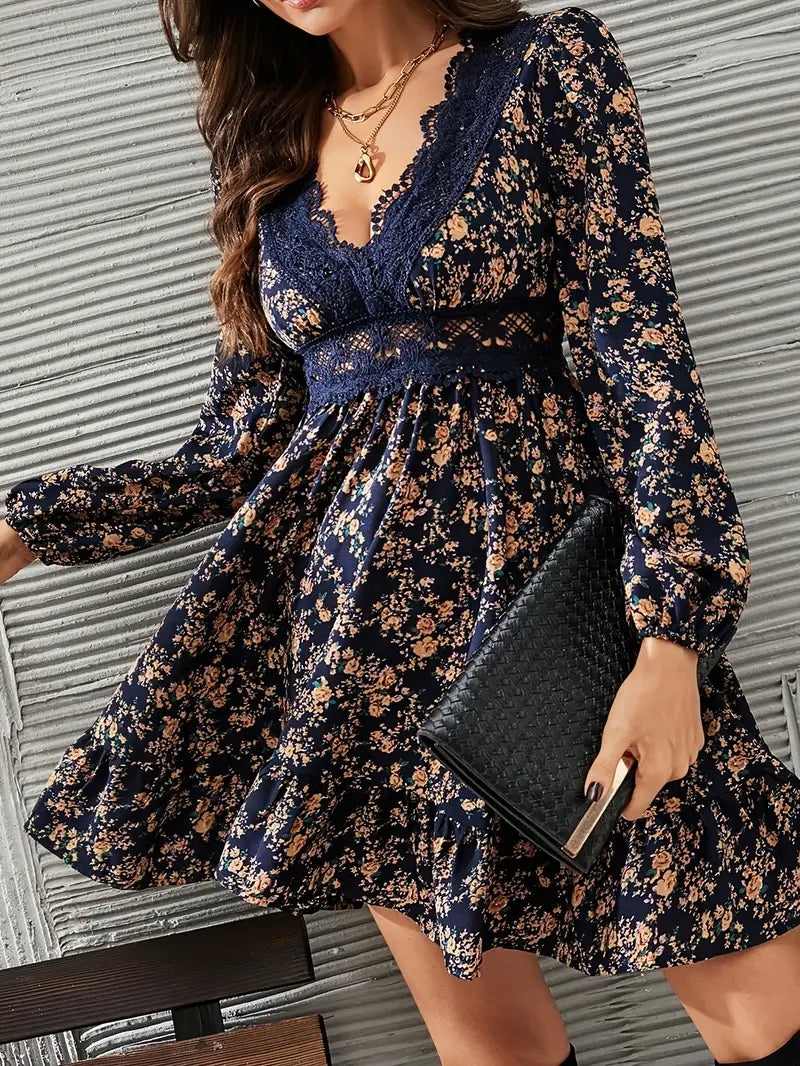 Cara - Boho Floral Dress with Deep V-neck and Lace Details