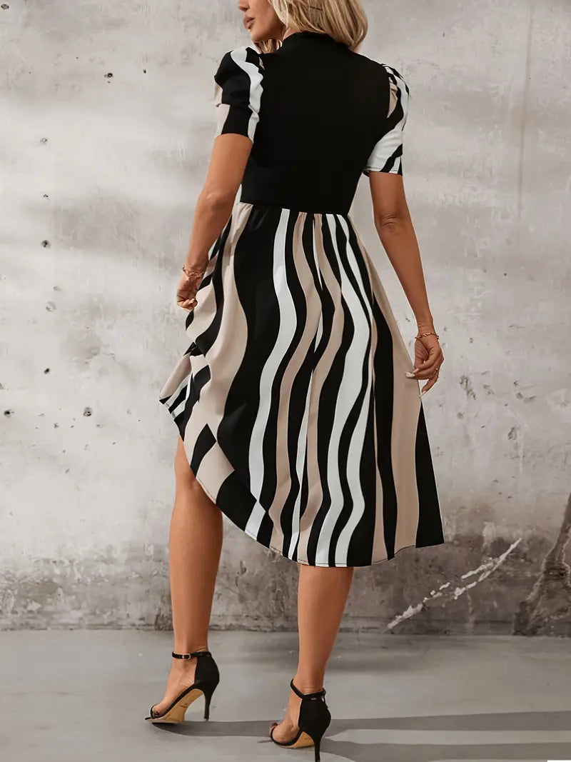 Jasmine - Elegant Midi Dress with Puff Sleeves and Striking Wave Print