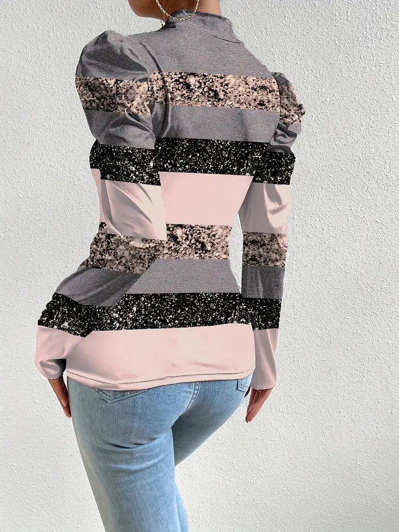 Uma - Elegant Floral Satin Top with Puff Sleeves and High Neckline