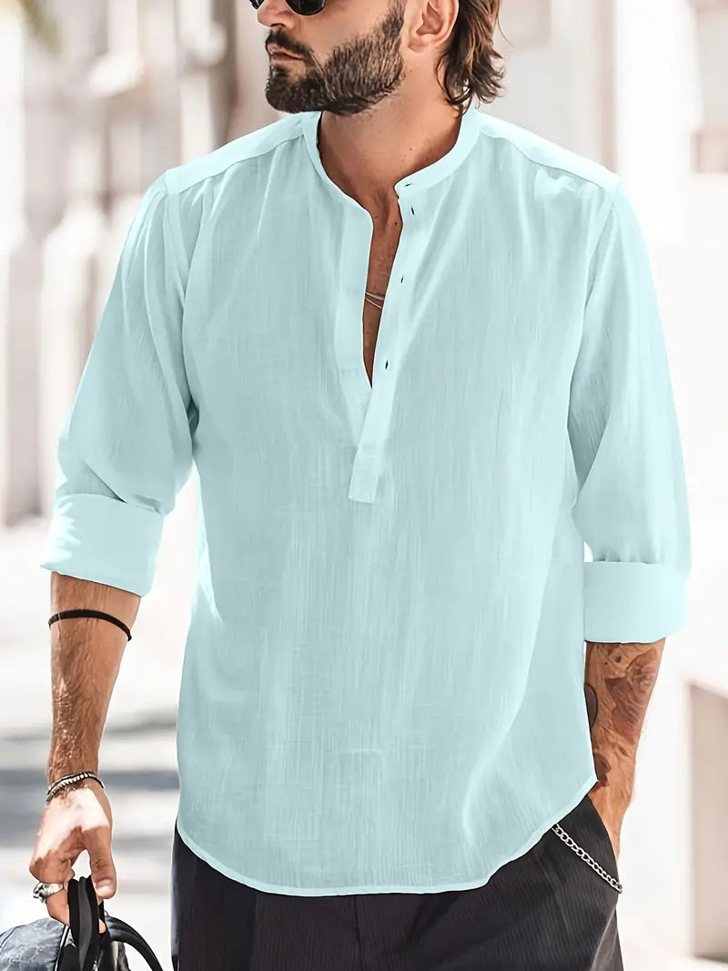 Chris - Stylish Men's Long-Sleeved Linen Shirt with Boat Collar