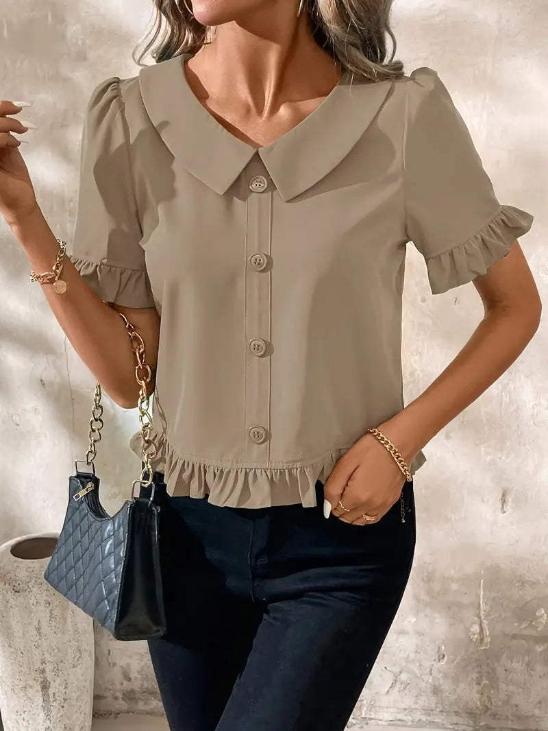 Diana - Elegant Blouse with Ruffle Trim and Button Front