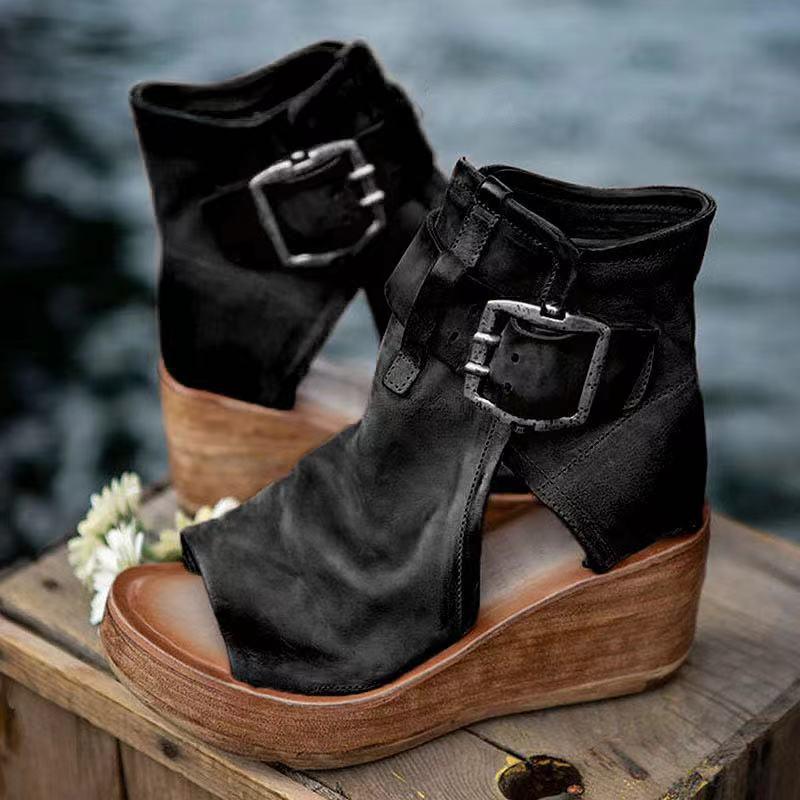 Audrey - Vintage Leather Wedge Sandals with Oversized Buckle Detail