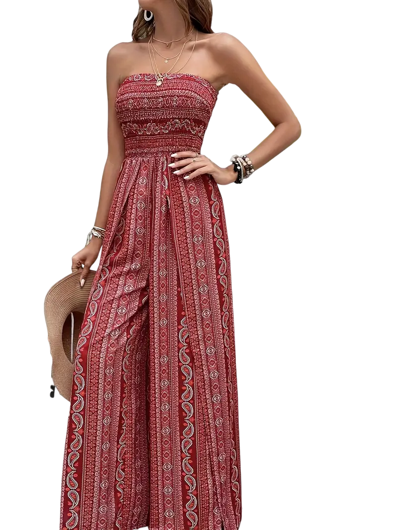 Zella - Bohemian Strapless Wide-Leg Jumpsuit with High Side Slit