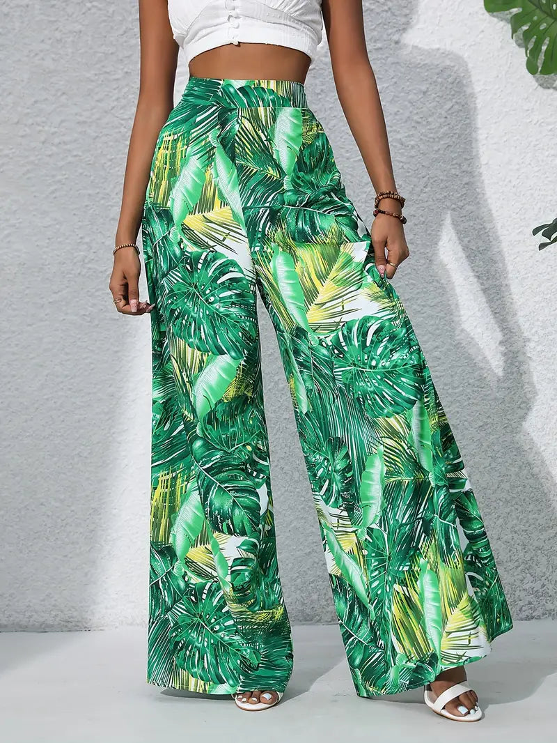 Bridget - Tropical Print Wide Leg Trousers for Effortless Chic Style