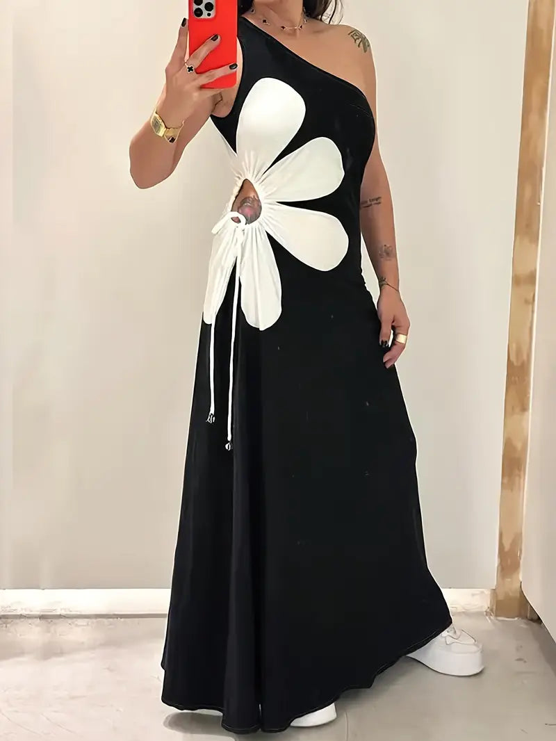 Aeliana - Stylish One-Shoulder Floral Maxi Dress with Chic Side Tie