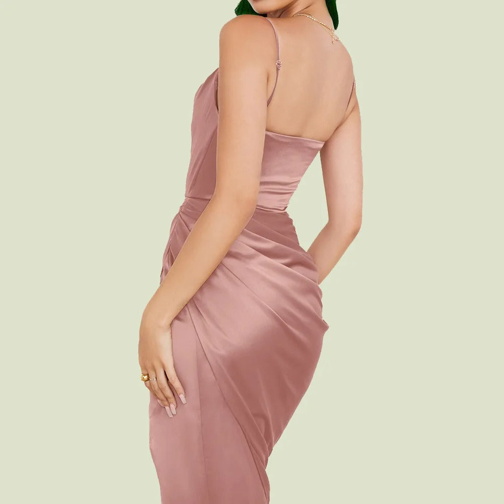Linley - Stylish Satin Dress with Flounces and Narrow Straps