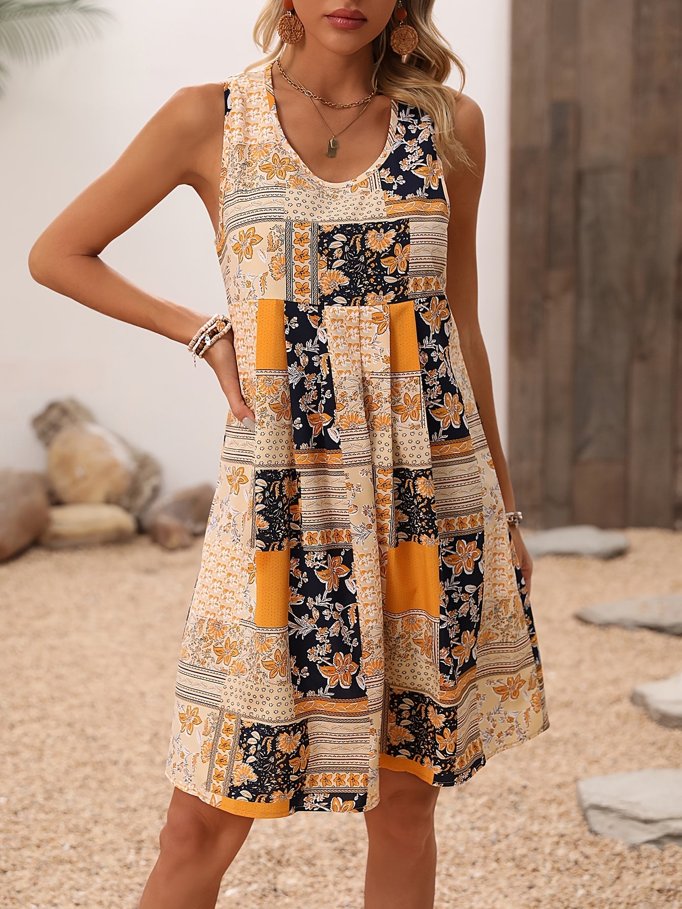 Sofia - Vibrant Sleeveless Women's Printed Dress with Patchwork Design