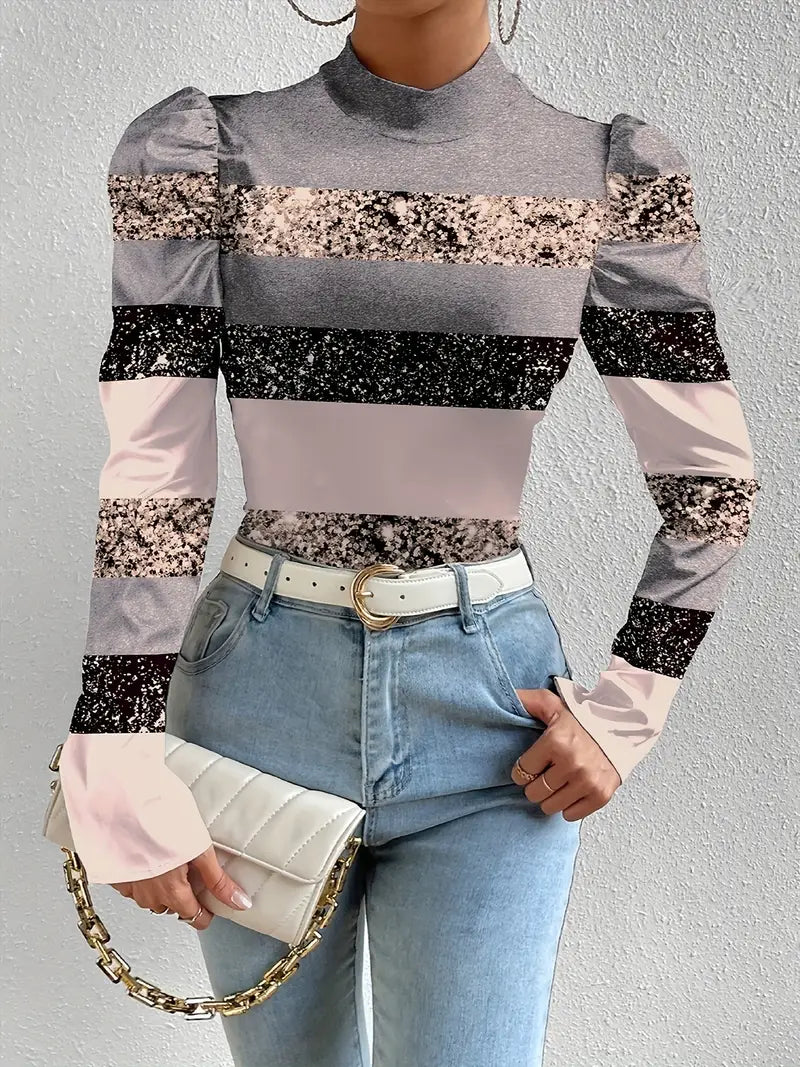 Uma - Elegant Floral Satin Top with Puff Sleeves and High Neckline