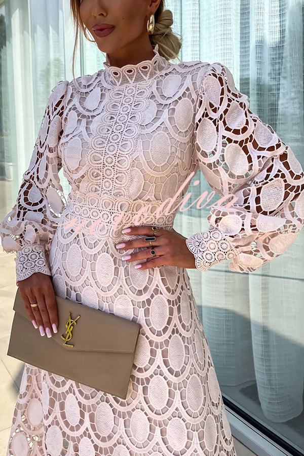 Clementina - Elegant Women's Lace Midi Dress with High Neck and Puff Sleeves