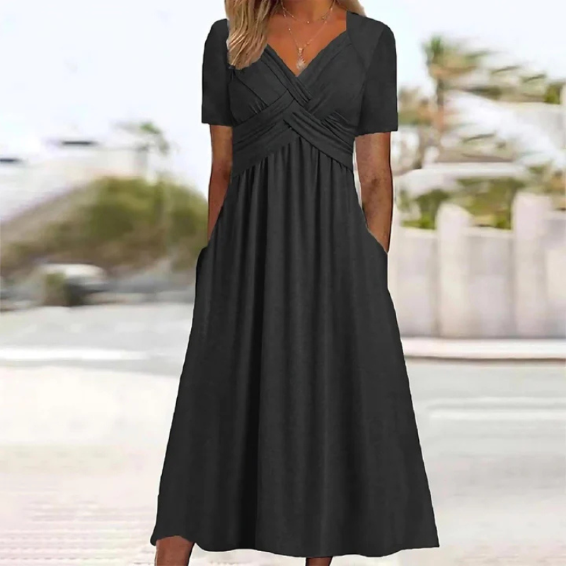 Demi - Soft A-Line Midi Dress with V-Neck for Women