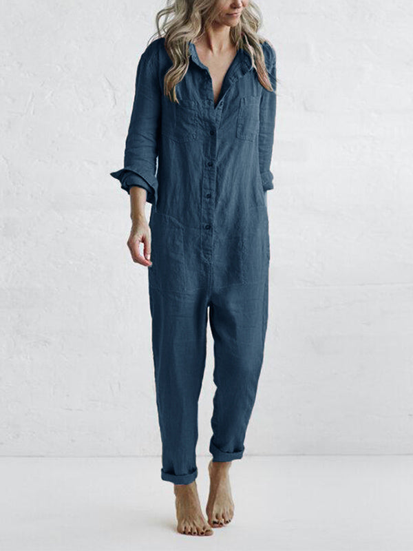 Emilia - Casual Women's Long Sleeve Linen Jumpsuit Olive
