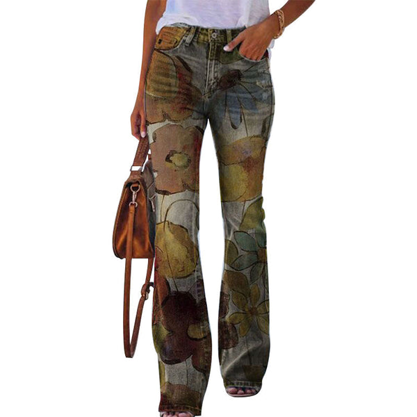 Dania - Trendy Flared Jeans with Four Button Front and Floral Design