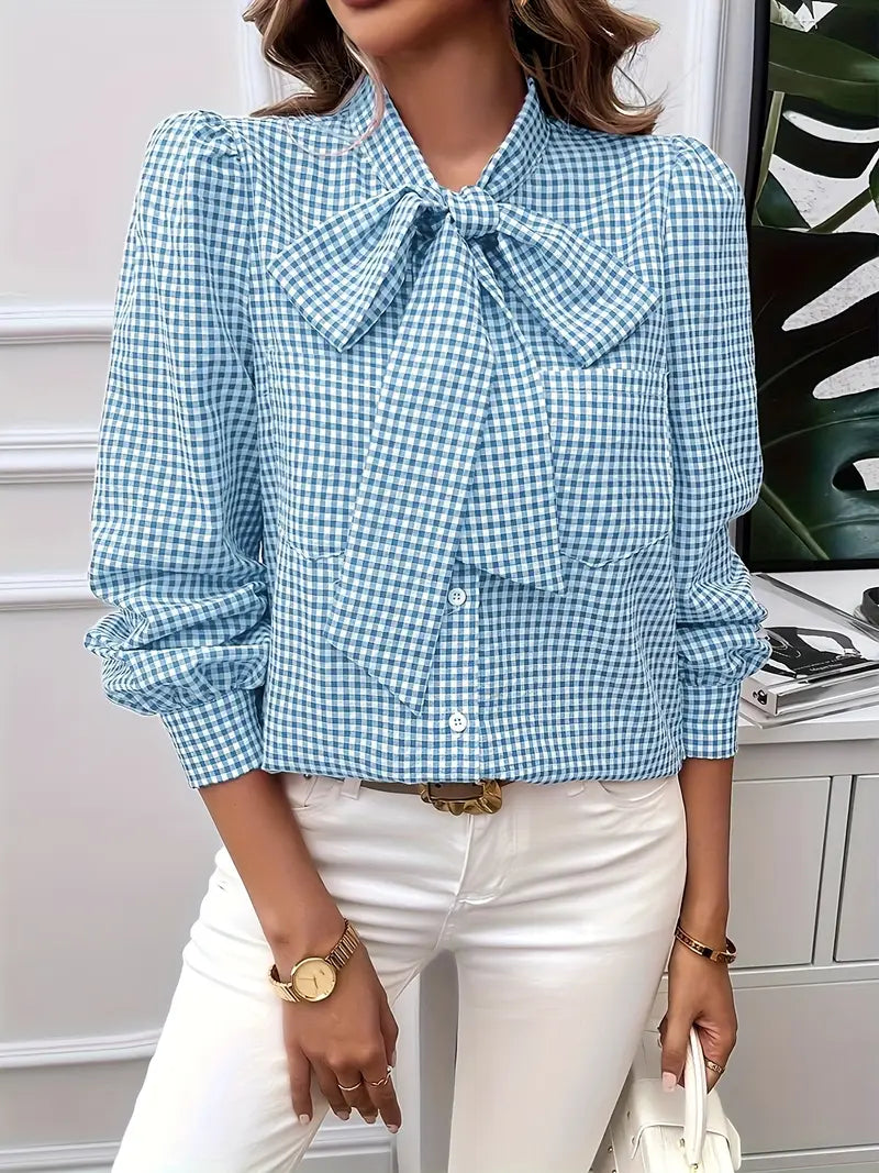 Karen - Charming Cotton Blouse with Bow Tie and Gingham Pattern