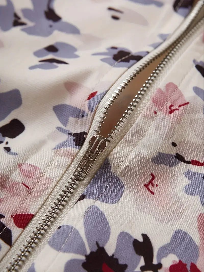 Jayne - Floral Bomber Jacket in Lightweight Cream Fabric