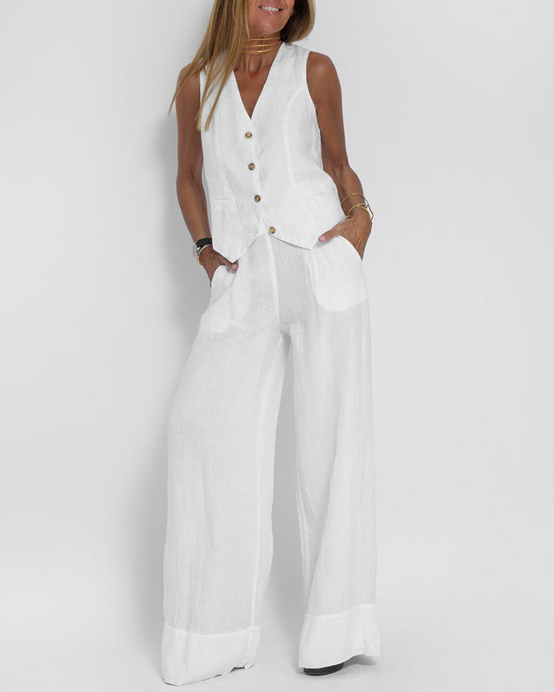 Alexandria - Women's Elegant 2-Piece Linen Set with Wide-Leg Trousers and Cardigan