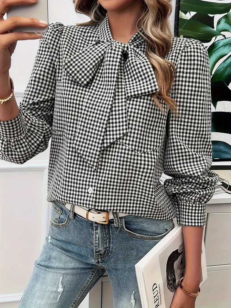 Karen - Charming Cotton Blouse with Bow Tie and Gingham Pattern