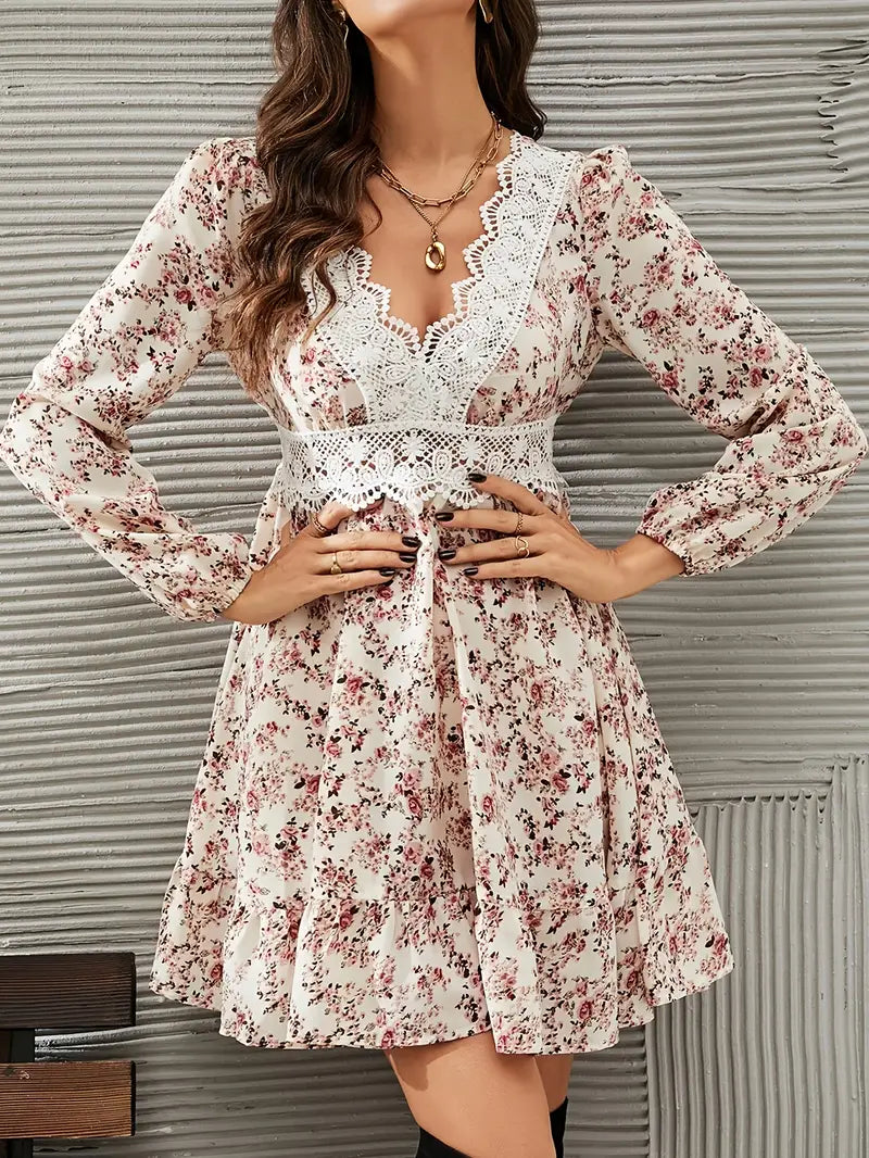 Cara - Boho Floral Dress with Deep V-neck and Lace Details