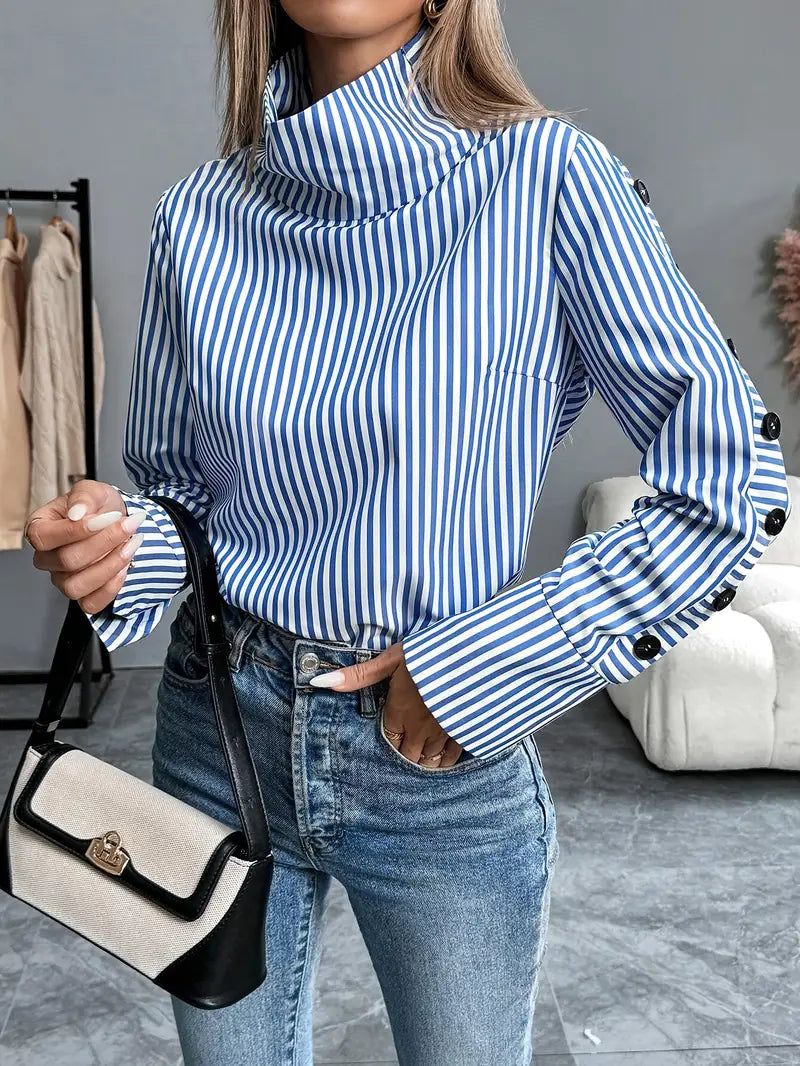 Kathleen - Stylish Striped Blouse with High Collar and Button Cuffs