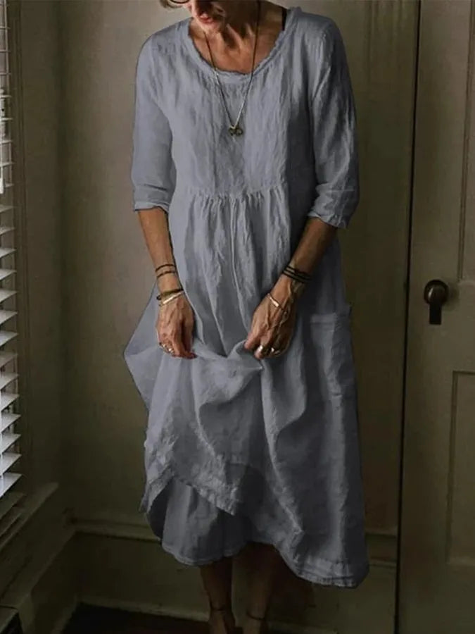 Iseult - Loose Fit Cotton Linen Women's Dress with Asymmetric Hem and Pockets