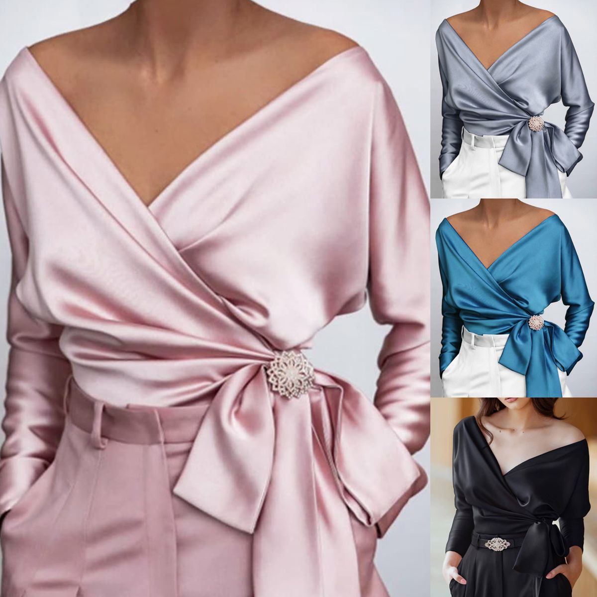 Cosette - Elegant V-neck Satin Blouse with Stylish Bow Detail