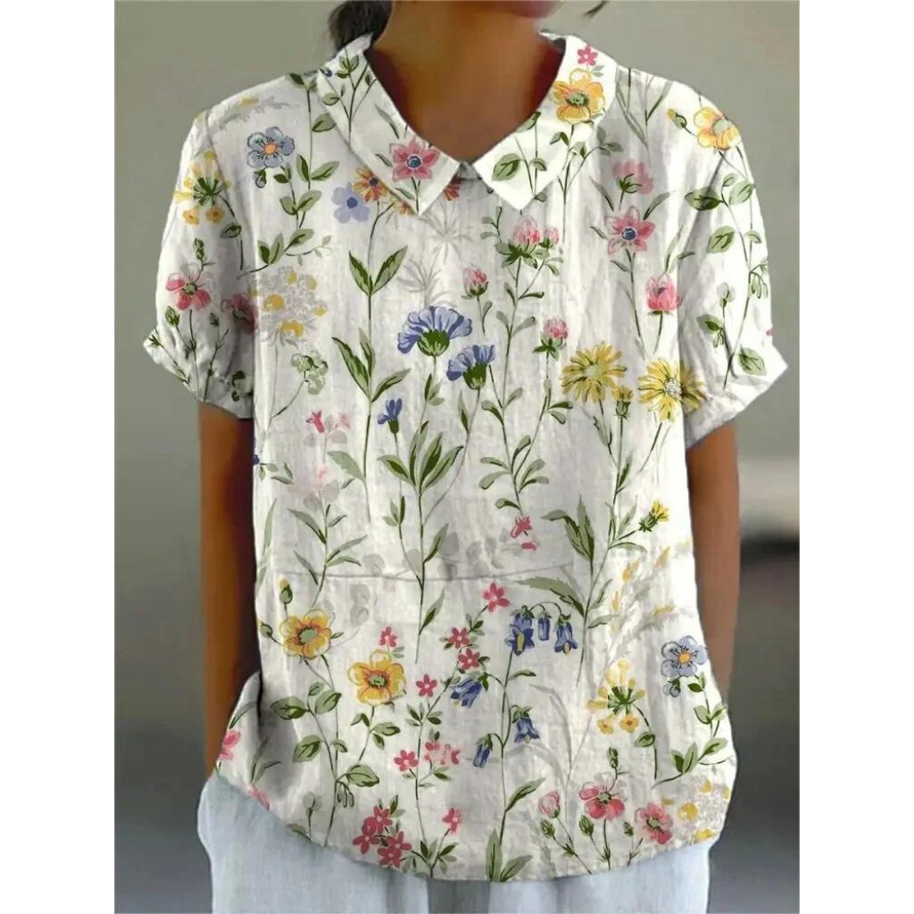 Amory - Casual Women's Cotton and Linen Floral Print Shirt