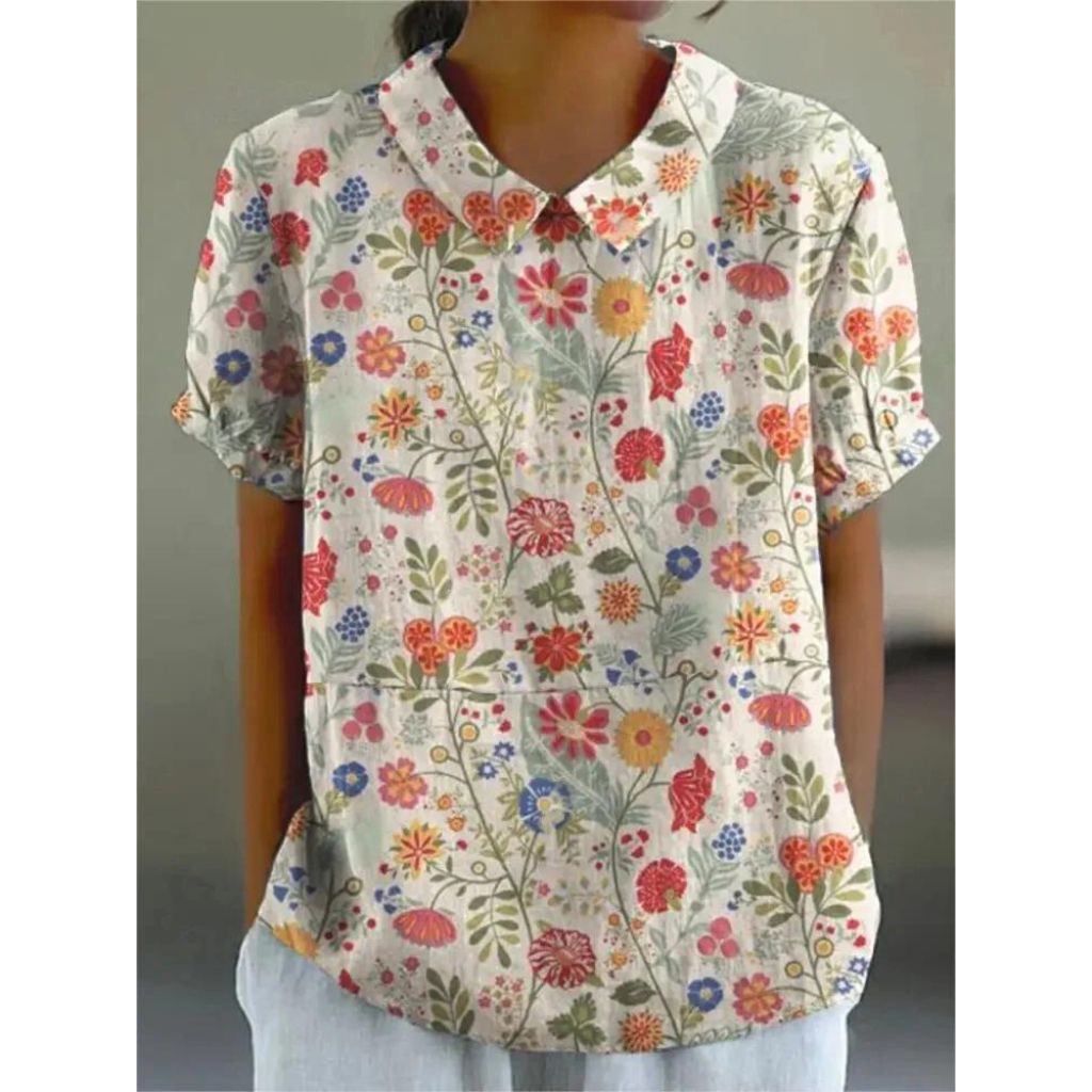 Amory - Casual Women's Cotton and Linen Floral Print Shirt