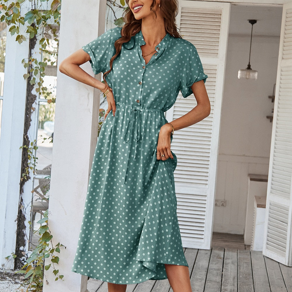 Julep - Stylish Women's Polka Dot Dress with V-neck and Knee-length Cut