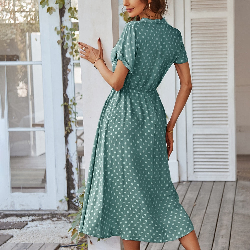 Julep - Stylish Women's Polka Dot Dress with V-neck and Knee-length Cut