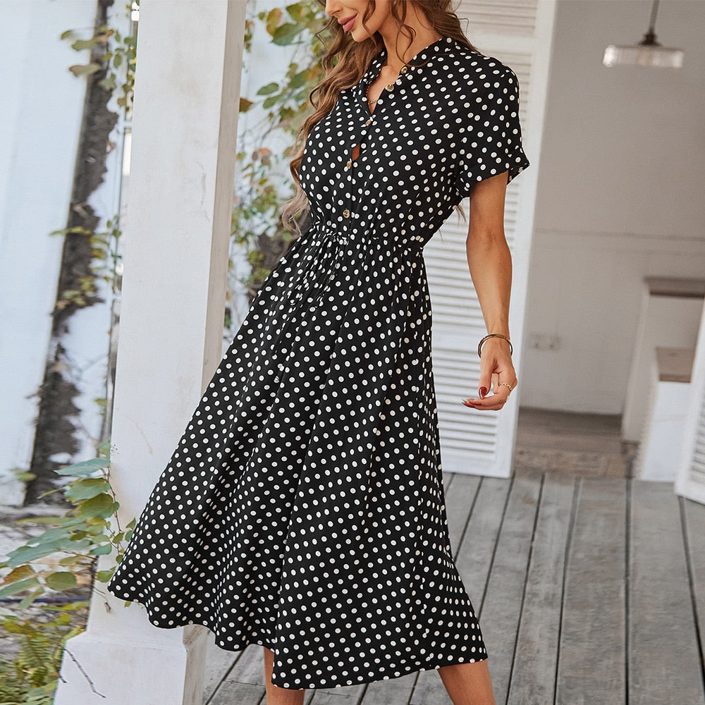Julep - Stylish Women's Polka Dot Dress with V-neck and Knee-length Cut