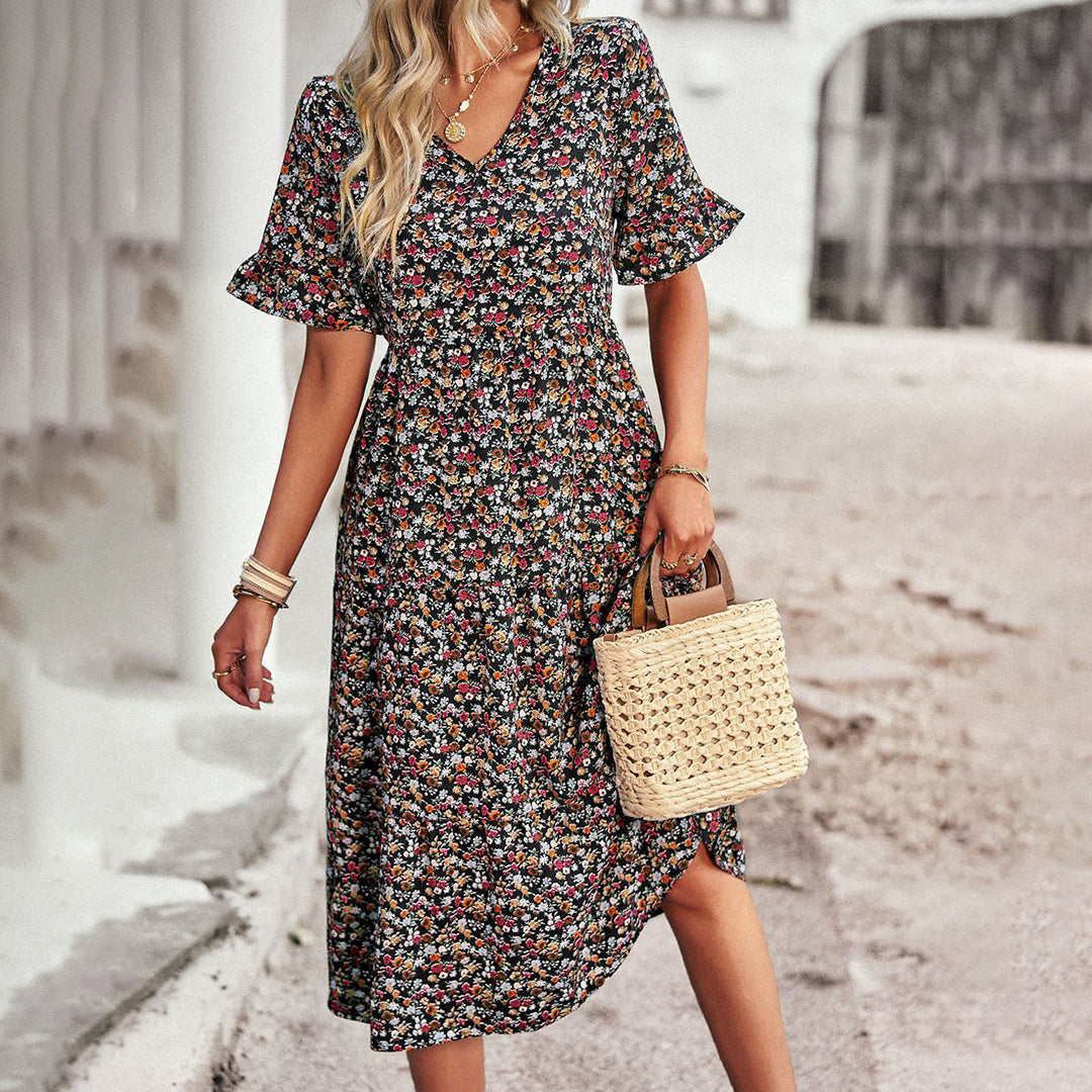 Ailith - Elegant Women's Floral Midi Dress for Summer Style