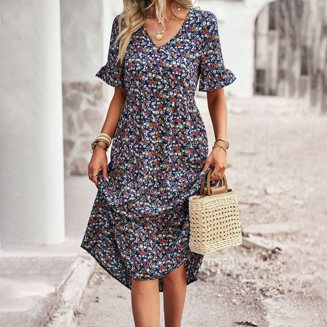 Ailith - Elegant Women's Floral Midi Dress for Summer Style