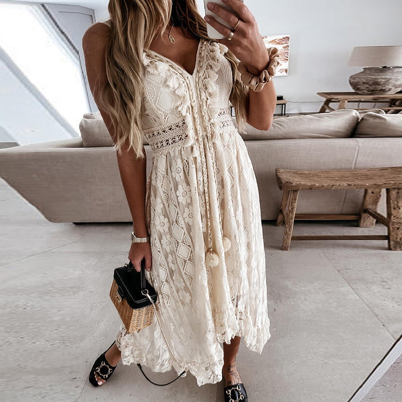 Harlow - Boho Chic Dress with Romantic Embroidery and Playful Pompoms